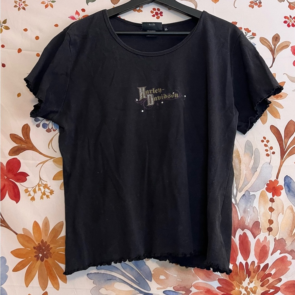 Y2K Harley-Davidson Women L/XL Bikercore Black Decal Rhinestone Ripped Biker Tee